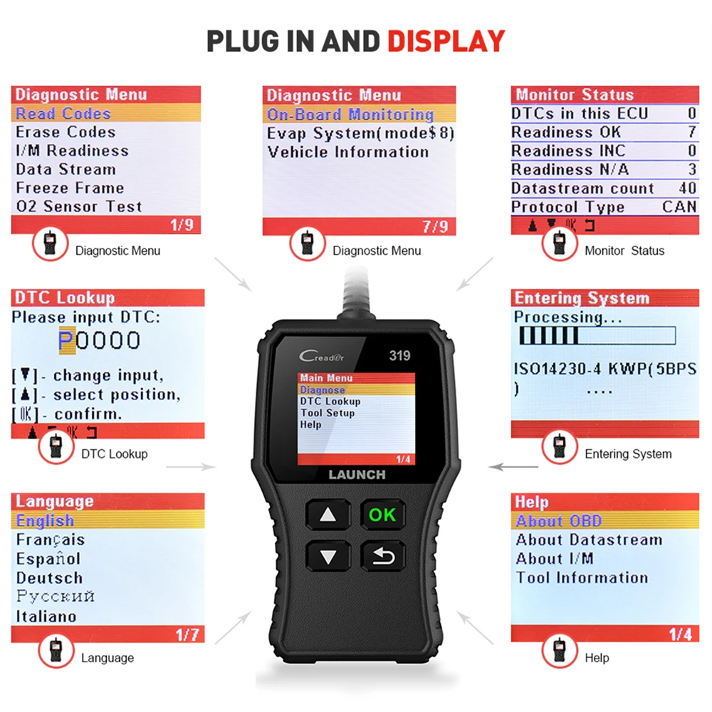 Launch Creader 319 CR319 OBD2 OBDII считыватель кодов неисправности двигателя автомобиля MIL