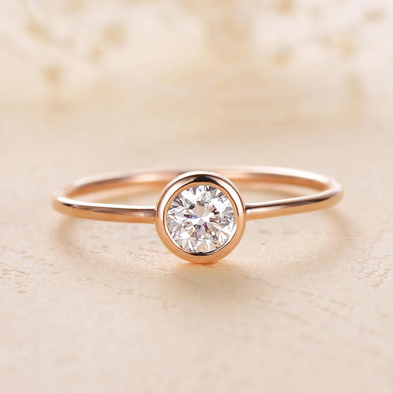 

18K Rose Gold 5mm Moissanite Bezel Set Engagement Ring Women Minimalist Solitaire Ruby Wedding Anniversary Promise Thin Ring