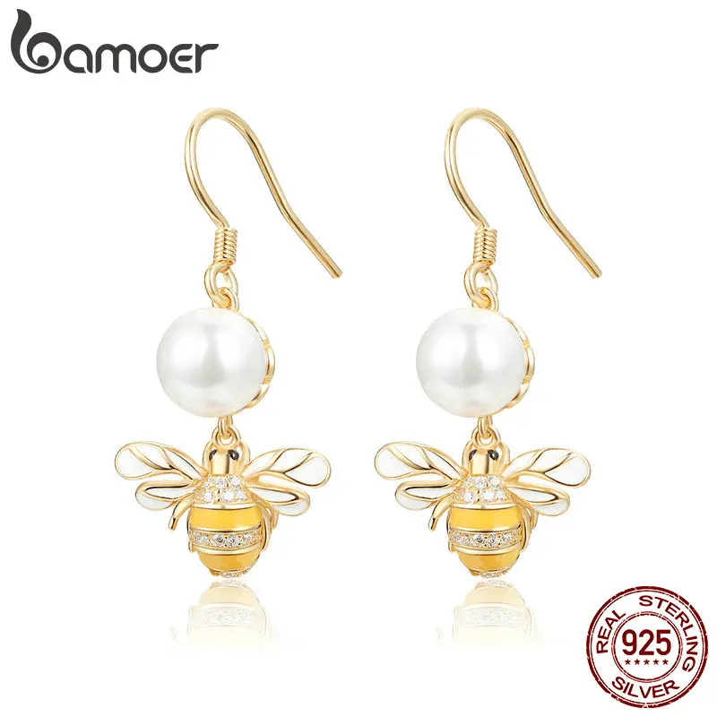 BAMOER, 925 пробы, серебряные, элегантные, пресноводные, жемчужные, золотой цвет, пчела, висячие серьги для женщин, подлинные серебряные ювелирные изделия BSE018