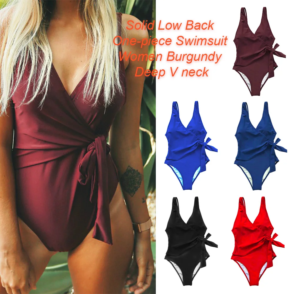 Новинка 2019 однотонное бикини с низкой спинкой Цельный купальник женский