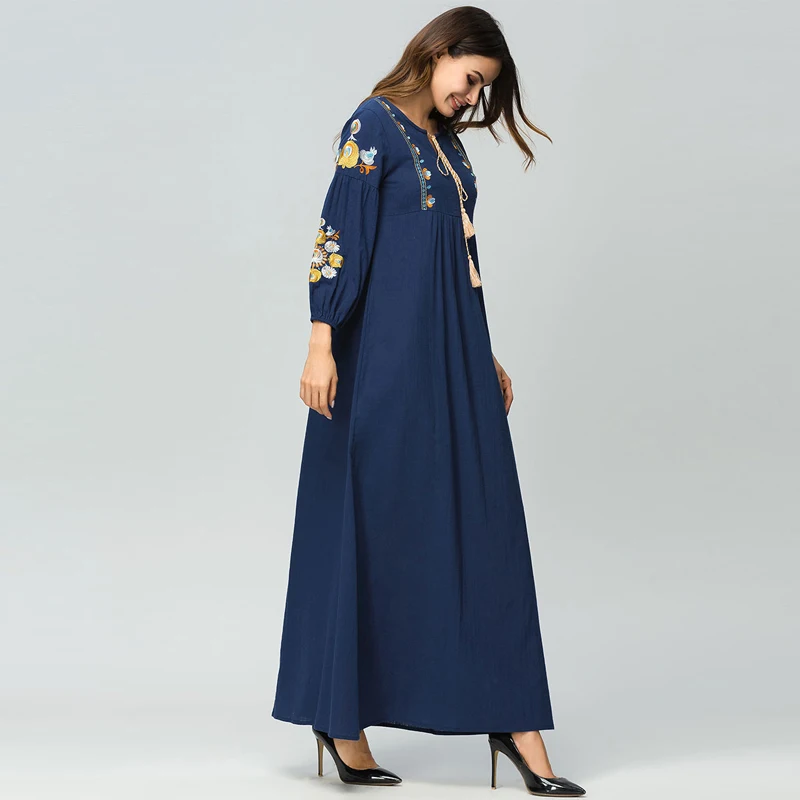 Женское платье с вышивкой на средний восток Abaya мусульманское длинным рукавом