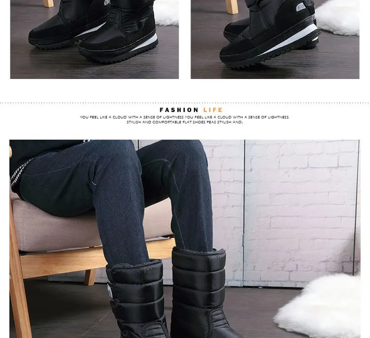 OUKAHUI Unisex 36-47 Plus Size Snow Boots Men Winter Shoes Waterproof Non-Slip Solid Color Black Thicken Warm Mid-Calf Boots