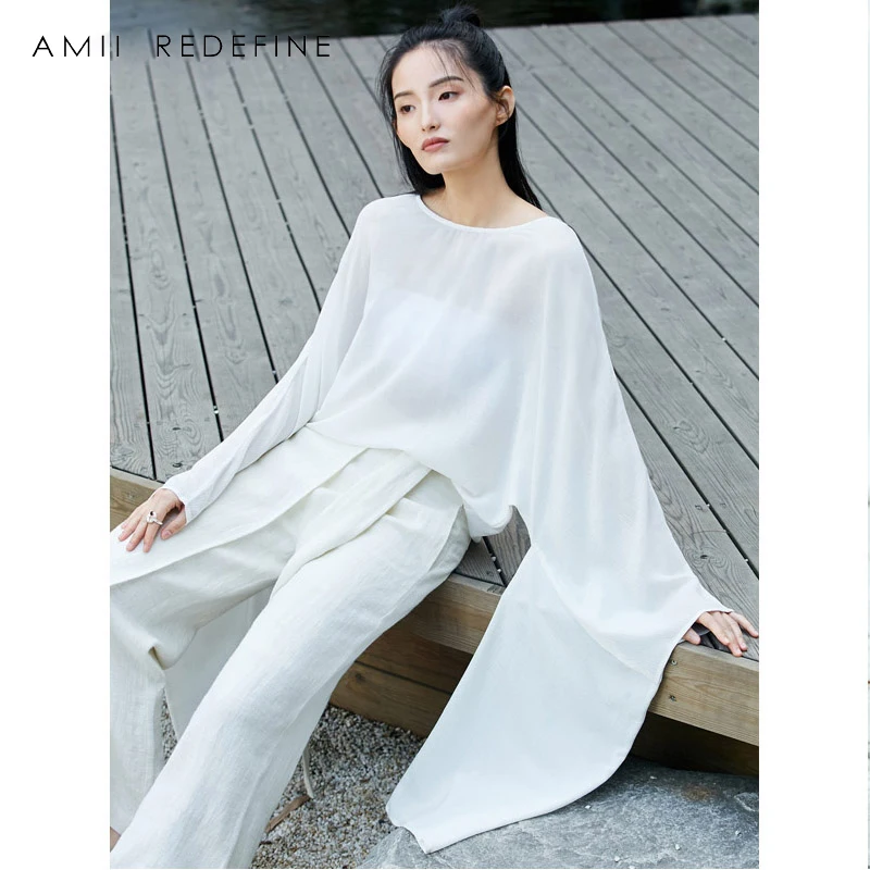 Amii Redefine футболка Летняя женская 2018 Повседневная однотонная с круглым вырезом длинным рукавом Batwingfemale