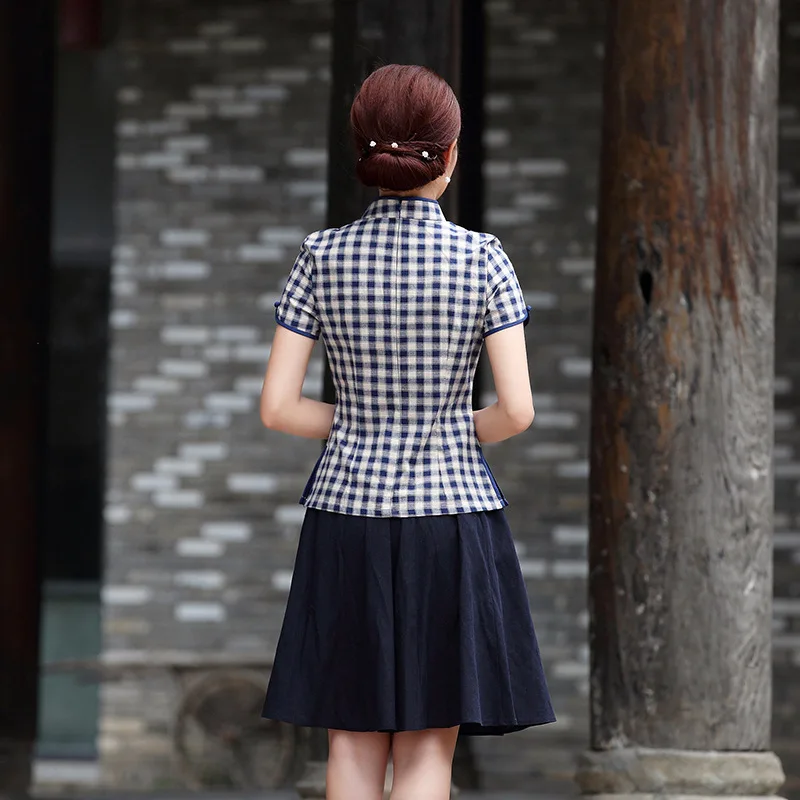 Sheng Coco темно-синие клетчатые Топы Qipao повседневные топы Ципао Рубашки Модные с