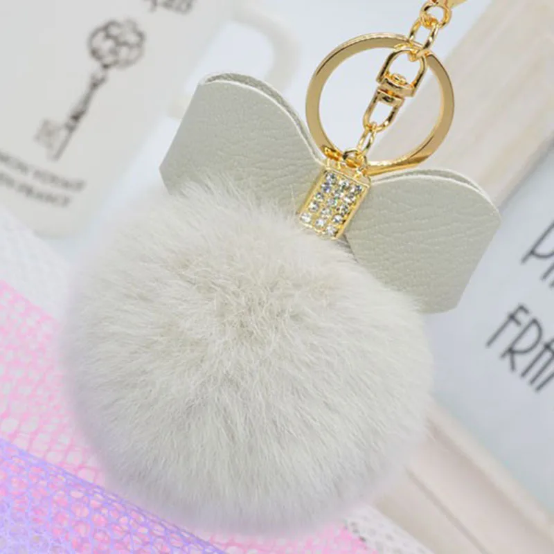 Мех Pom брелок Стразы бант Настоящий мех кролика мяч сумка Автомобильная цепь с
