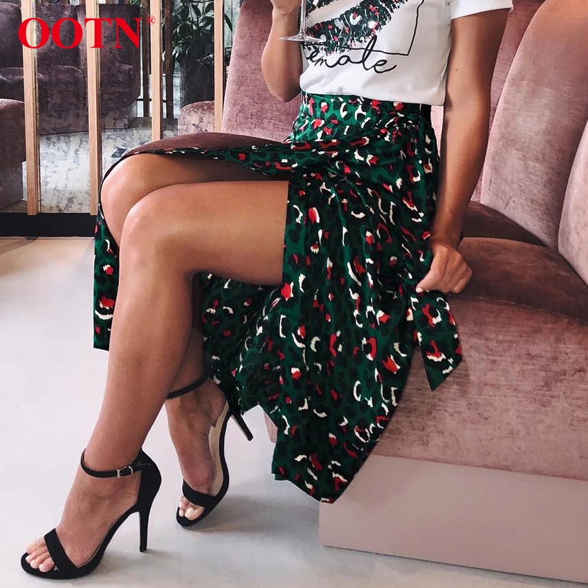 

OOTN Vintage Leopard Print Long Skirts Women High Waist Midi Skirt Bow Tie 2020 Summer Sexy Split Wrap Skirt Ladies Green Beach