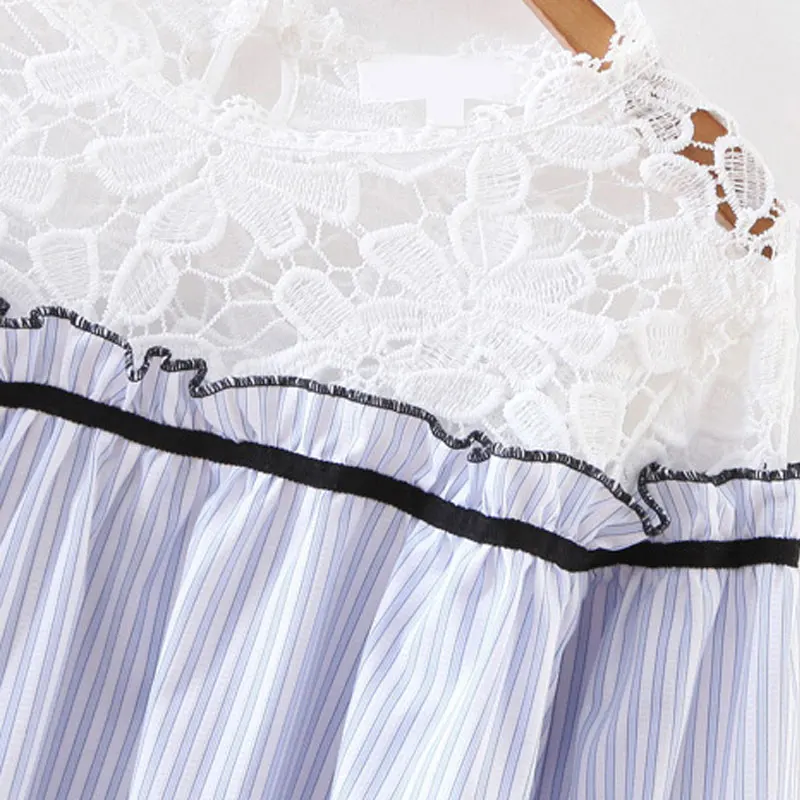 Crochet Hollow Out Lace Neck Vertical Striped Women Loose Blouse Long Sleeve Casual Summer Tops Plus Size Fashion 2017 |