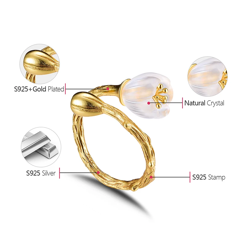 Кольцо Lotus Fun Из Стерлингового Серебра 925 Пробы С Натуральным Кристаллом