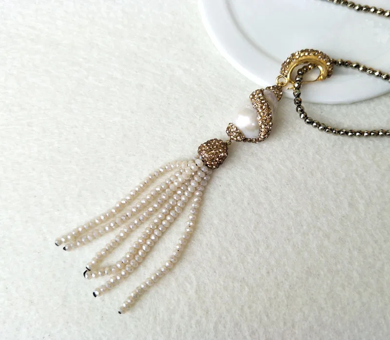 4 пряди натуральный жемчужный с кристаллами Rhinestone кисточкой ожерелье, золото beads бусы цепи ожерелье ювелирные изделия для женщин NK46