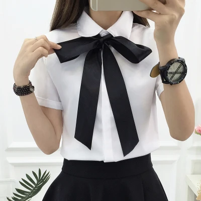 

Cheap Work Fashion Female Elegant Bow Tie White Blouses Chiffon Turn Down Collar Shirt Ladies Tops School Blouse Women
