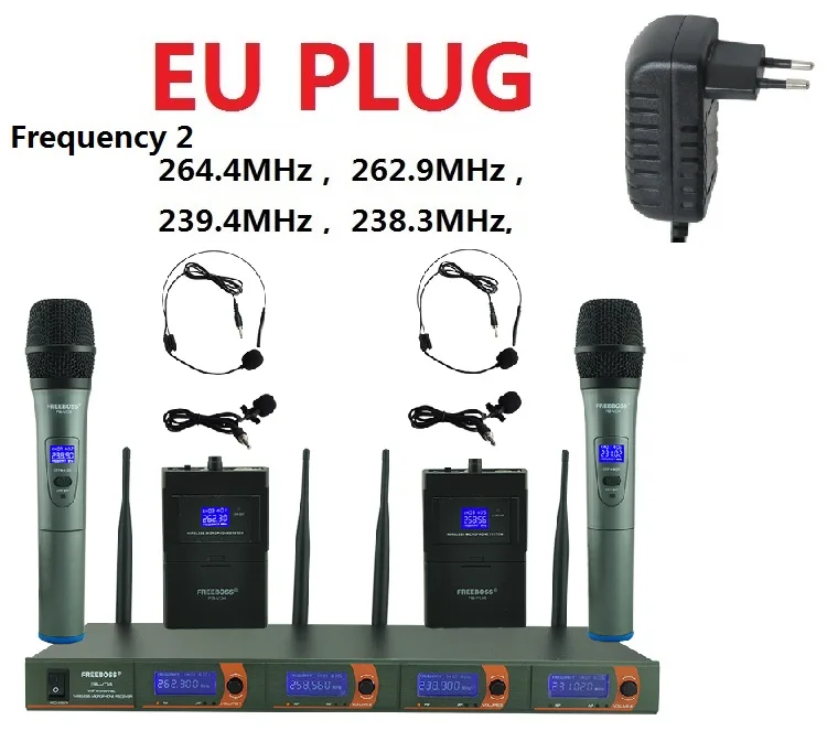 EU Plug Fre2 FREEBOSS FB-V04H2, профессиональные микрофоны, VHF KTV, вечерние микрофоны, 2 ручные и 2 беспроводные гарнитуры, микрофон для караоке - Цвет: EU Plug Fre2