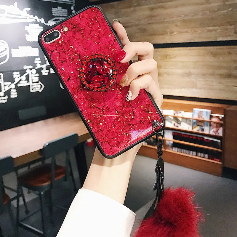 Чехол для Galaxy S 10 9 8 7 plus edge note 9 8 блестящий Мраморный тренд Алмазный кронштейн с меховым шаром ремешок для телефона задняя крышка чехол бренд