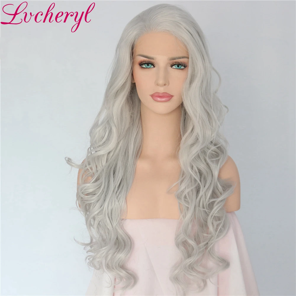 Lvcheryl, ручная вязка, натуральный, длинный, белый, серебристый, серый цвет, объемная волна, термостойкие волосы, синтетические парики на кружеве для женщин
