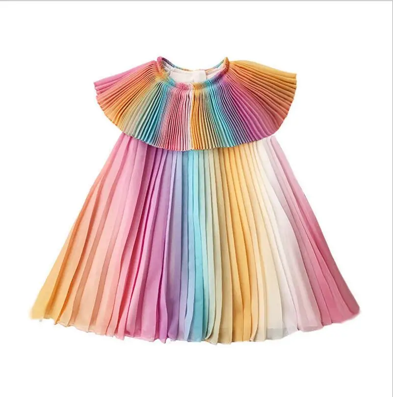 Летнее плиссированное платье для девочек новинка 2019 Детские радужные платья
