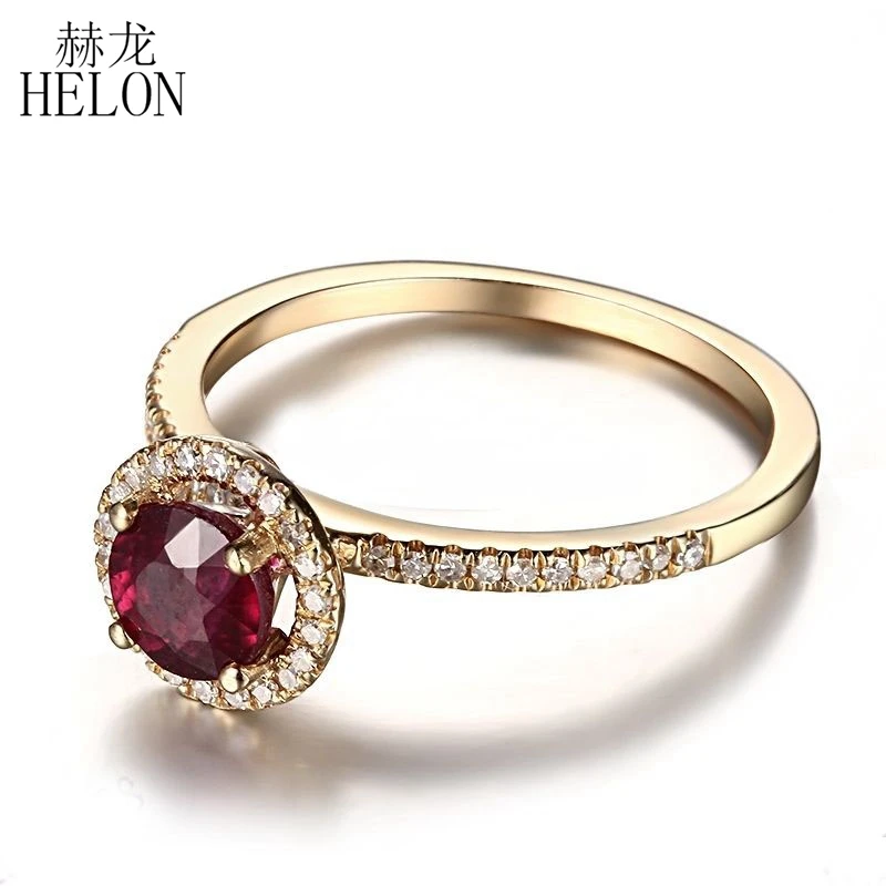 HELON 0.9ct круглое обработанное рубиновое кольцо твердое 10 к желтое золото натуральное бриллиантовое обручальное кольцо женское свадебное драгоценное украшение