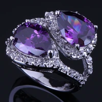fabulous pear purple cubic zirconia white cz silver plated ring v0471