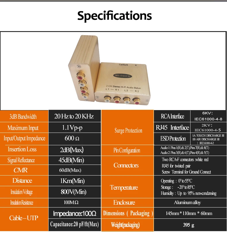 Двойной Hi-Fi аудио к Cat5e/6 адаптер 4-CH стерео аудио по Ethnernet аудио к RJ45 конвертер RCA аудио по IP