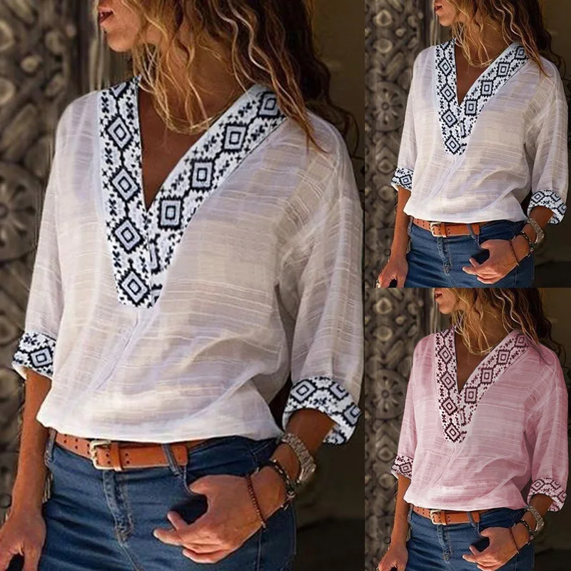 Boho Chic хлопковая льняная блузка длинная рубашка этнический стиль женские топы