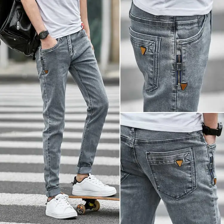 Streetwear Vintage Gray Jeans Bike Men Stretch Denim Pencil Pants Slim fit Ripped Hip hop Skinny Trousers | Мужская одежда