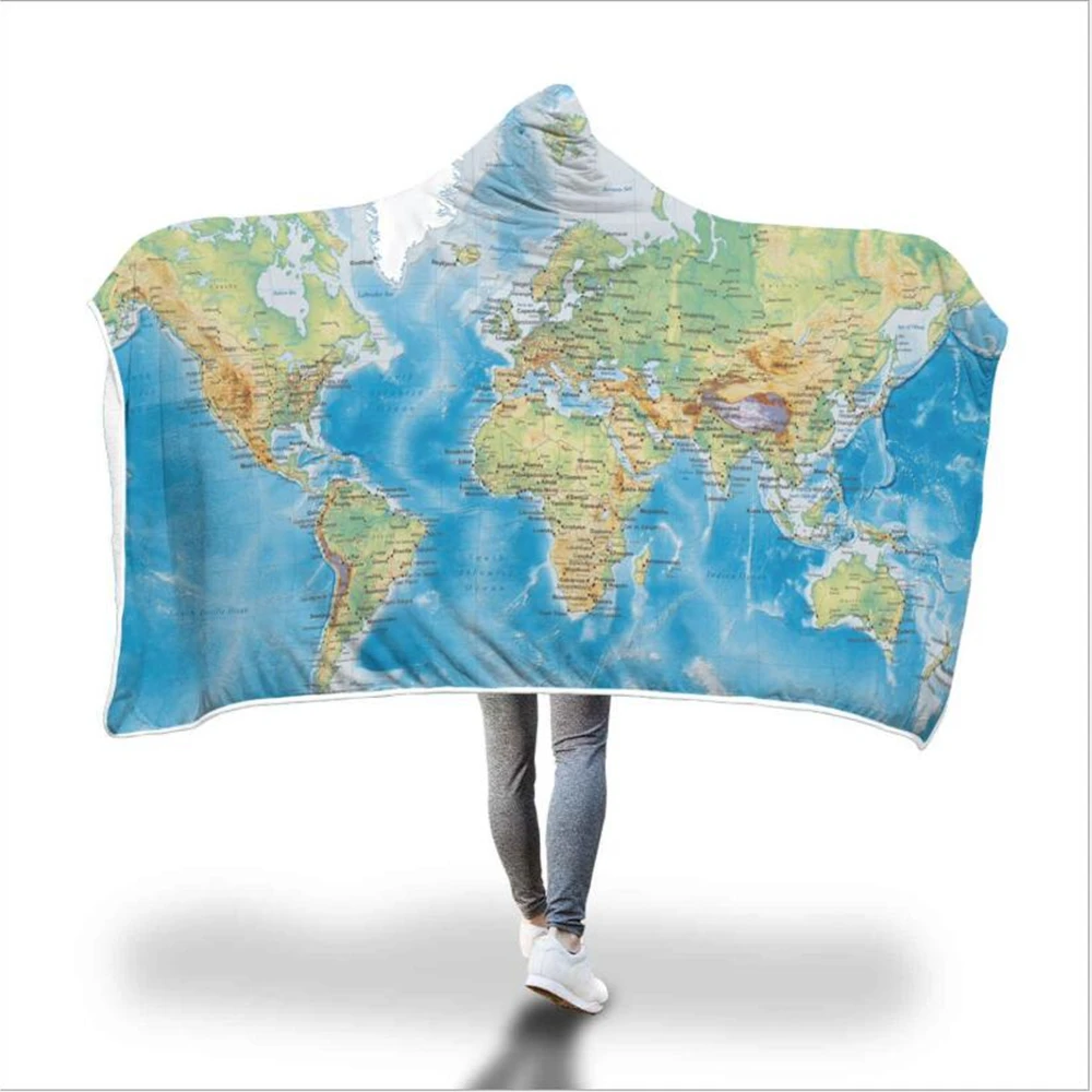 

3D World Map Hooded Towel Flannel Bath Towel With Hood for Kids Adult Wearable Beach Wrap Blanket 1pc