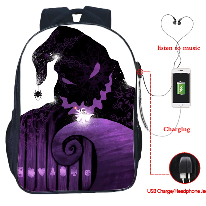 The Nightmare Before Christmas Backpack USB Charging Backpack Jack Skellington School Bag Backpacks Multifunctional Travel Bags - Цвет: 11
