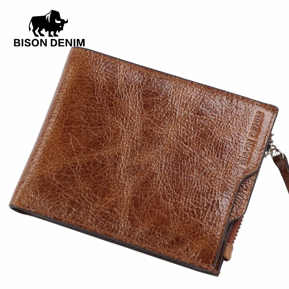 BISON DENIM мужские кошельки из воловьей кожи, мужской кошелек, короткий кошелек для монет, винтажный кошелек на молнии, брендовый дизайнерский тонкий кошелек W4454