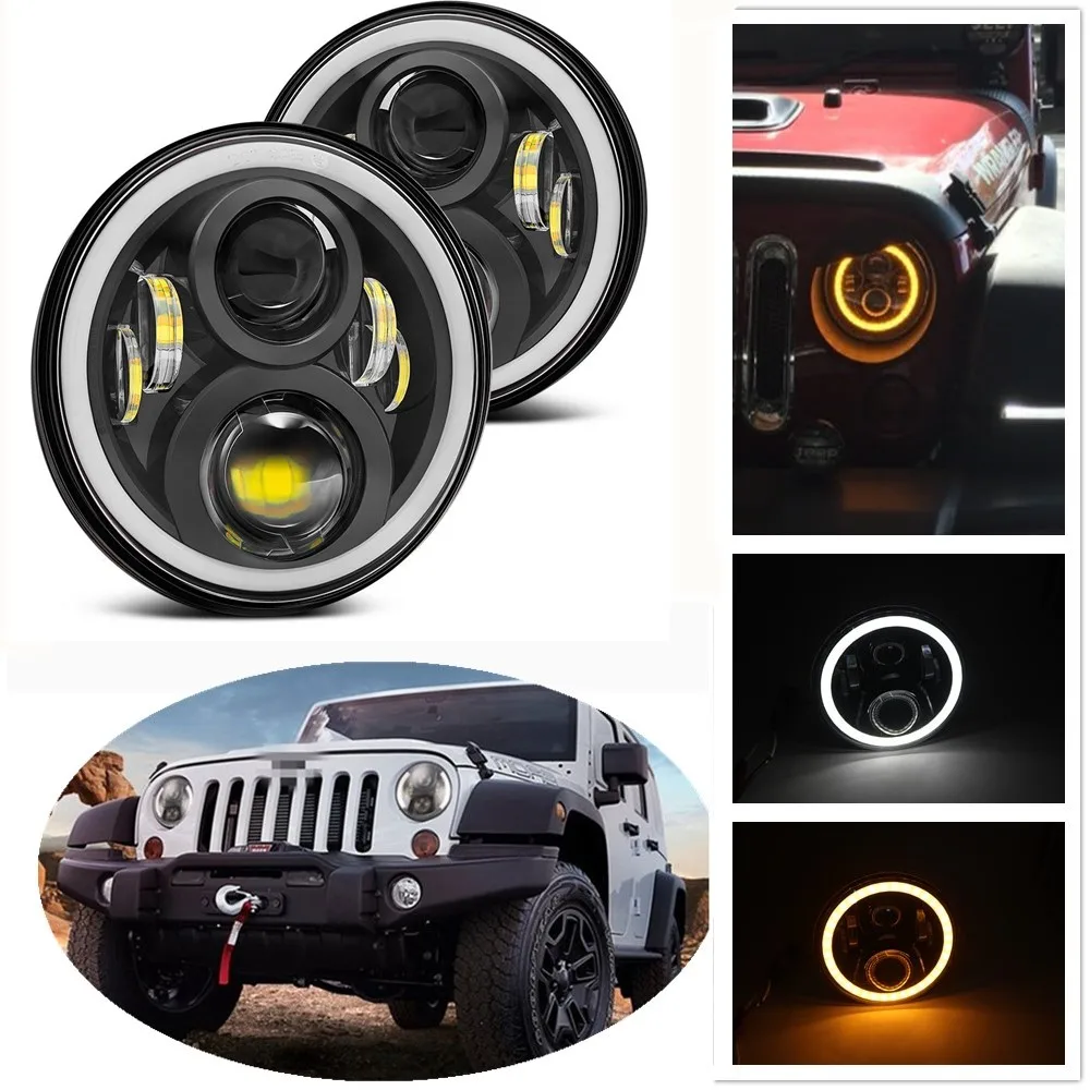 

2pc 7 Inch Led Headlight For Jeep Wrangler Lada Niva 4x4 H4 DRL Round 7'' Headlights With Yellow & White Angel Eye 60W 40W