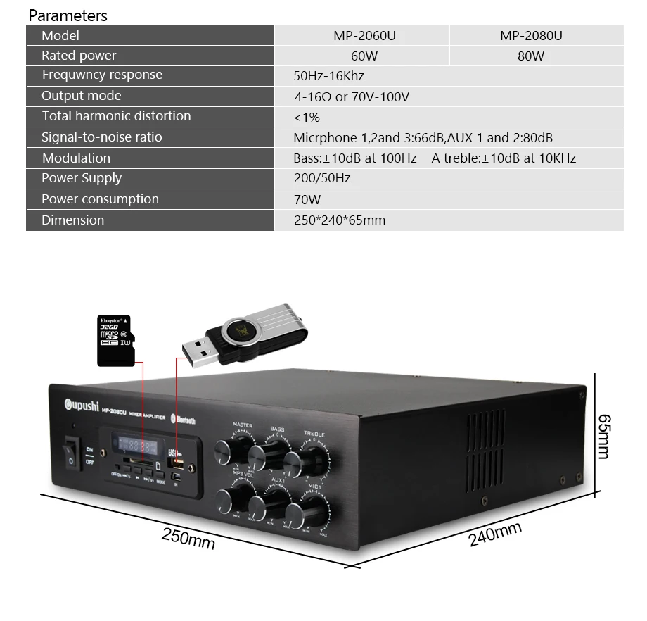 OUPUSHI MP-2050U MP-2080U 60 Вт 80 Вт усилитель с FM Bluetooth цифровой сигнал USB