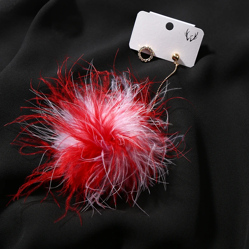 Colorful Feather Mink fur Pom Ball Earrings for Women Fashion Crystal Round Circle Long Chain Asymmetric Jewelry | Украшения и