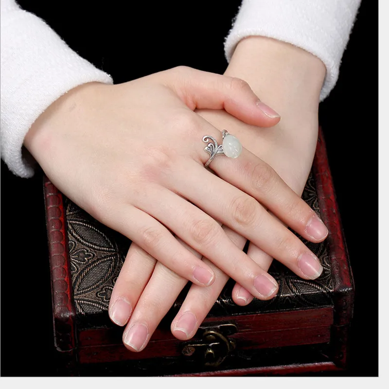 Uglyless 100% Real 925 Sterling Silver Handmade Leaf Rings for Women Thai Fine Jewelry Natural Jade Magnolia Finger Ring | Украшения и