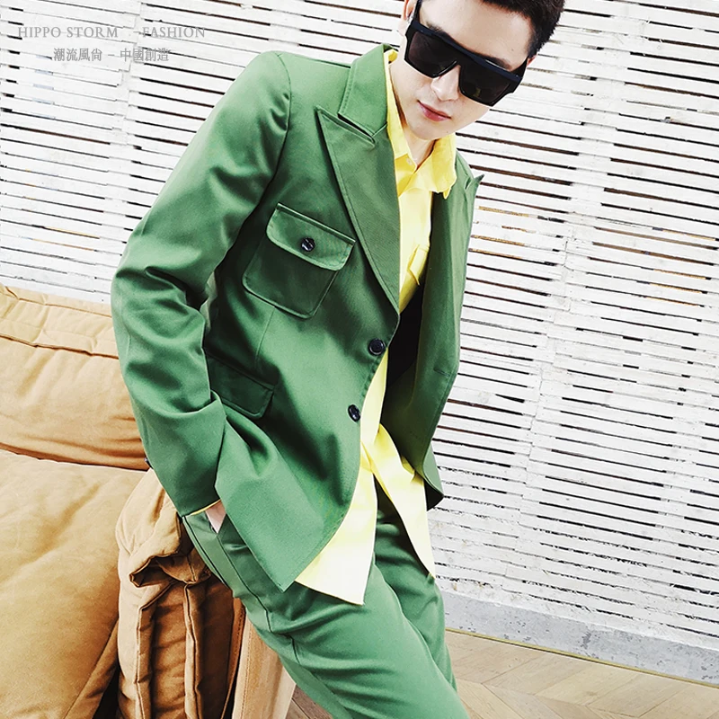 

M-6XL!Fashion tide army green gun barn collar suit set decoration small suit singer hair stylist tide men suit.