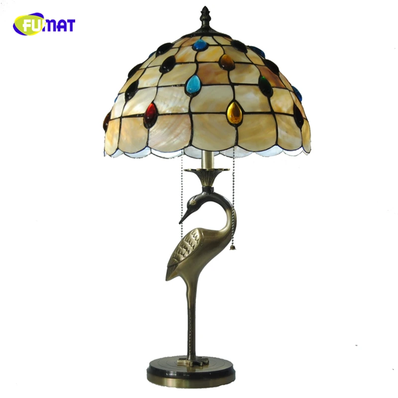 

FUMAT Tiffany Peacock Tail Stained Glass Table Lamp Natural Shell Lampshade Crane Shape Lampholders Table Lights Bedroom Lights