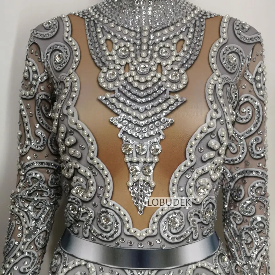 High-end Female Silvery Gray Crystals Jumpsuit Sexy Stretch Skinny Pearl Bodysuit Singer Bar Party Stage Performance DS Costume