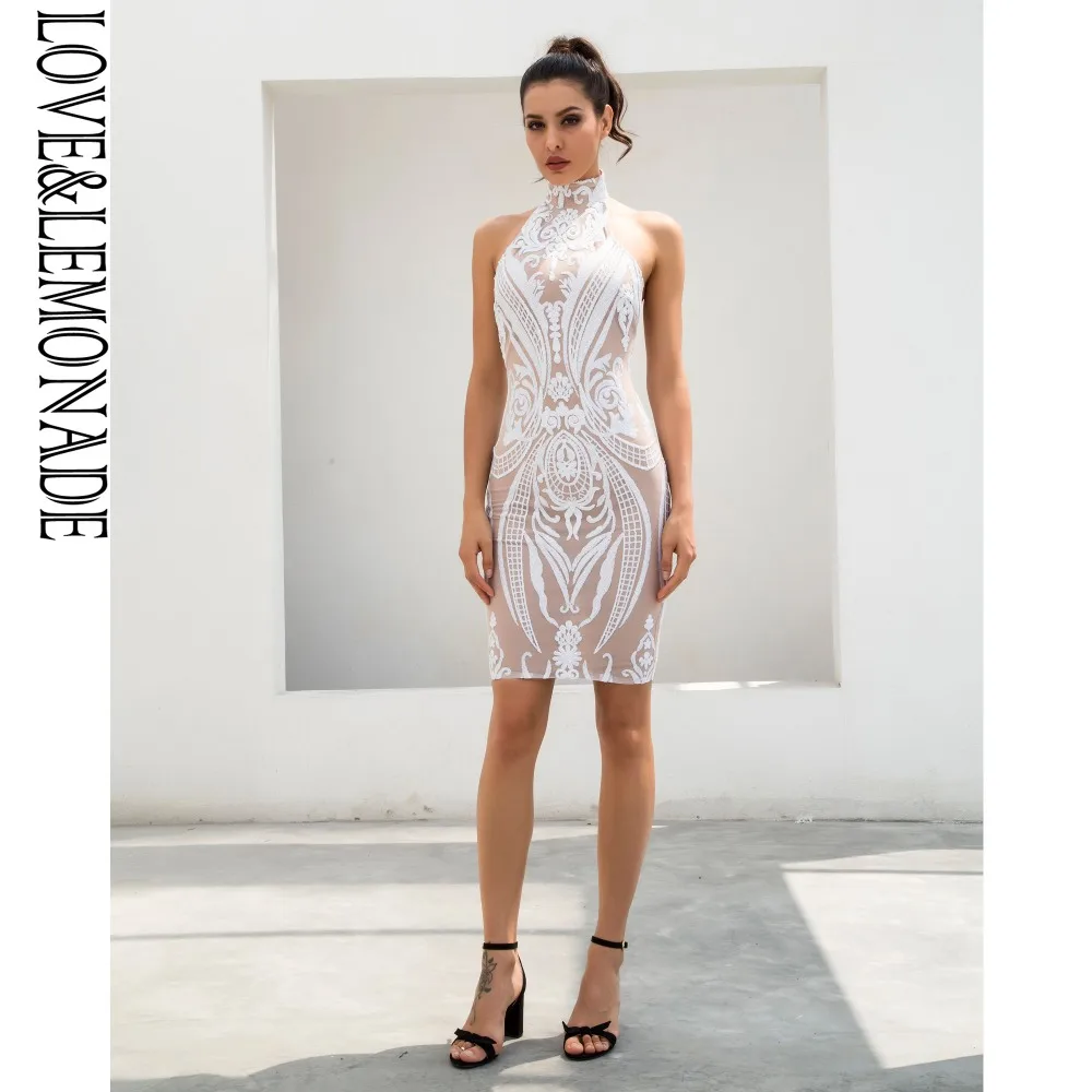 Love& Lemonade сексуальные белые ретро блестки Halo Bodycon Вечерние платья LM80008