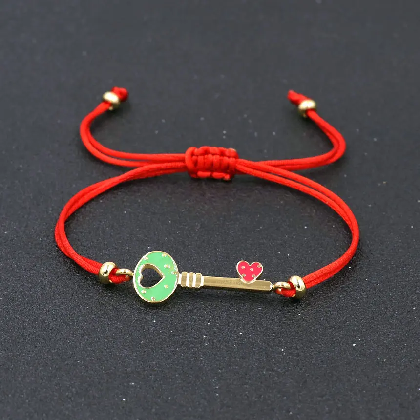 key heart red Минимализм Мода из нержавеющей стали Любовь Сердце браслет с ключом для женщин Красная Нить веревка Парные браслеты мужчины Pulseira подарки на удачу - Metal Color: key heart red