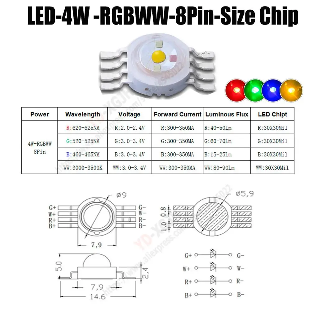 8Pin 4W RGBWW Светодиодный чип высокой мощности RGB RGBW RGBWW RGBWY 3 Вт 4 Вт 5 Вт 6 Вт 15 Вт Красочный Светодиодный светильник для самостоятельного литья - Испускаемый цвет: 8Pin 4W RGBWW