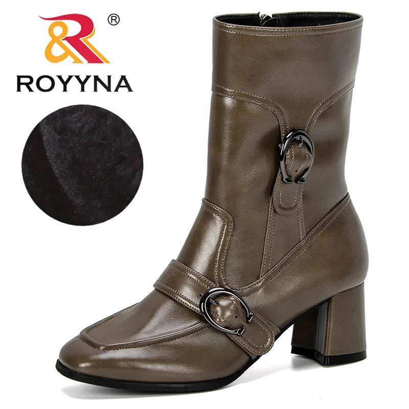 ROYYNA 2019 новые дизайнерские женские сапоги до середины икры на молнии с пряжкой
