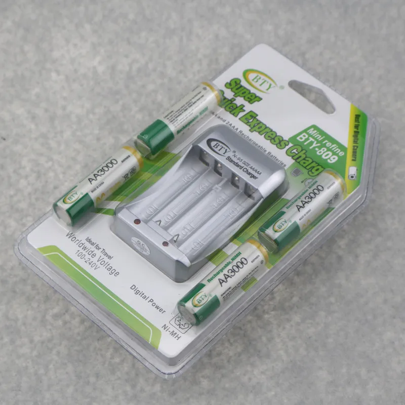 BTY 1 2 V 4*3000mah AA Аккумуляторная Ni MH батарея + 809 AA/AAA зарядное устройство с упаковочным