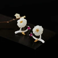 s925 pure silver retro inlaid natural hotan jade white plum blossom lady temperament set ear nails earrings