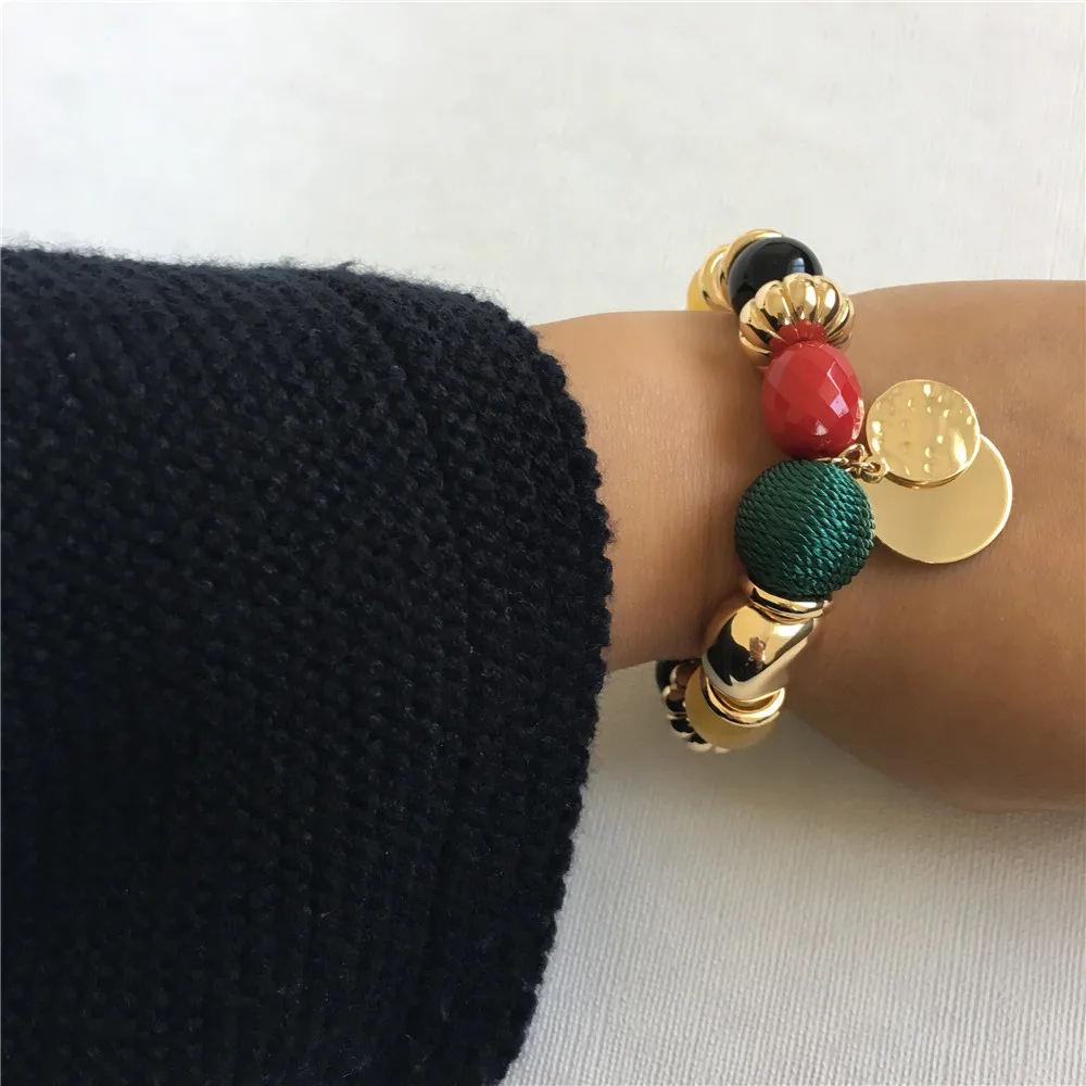 F/W трендовая С Покрытием золотого цвета красочная подставка для мяча с в виде кованого диска нить обертывание мяч браслет для женщин ювелирные изделия