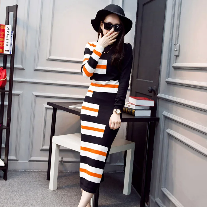2017 Осенняя Женская мода Европейский полосатый трикотажный комплект одежды