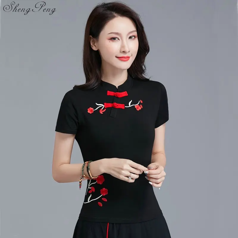 

Женская винтажная блузка Tang, элегантная одежда в традиционном китайском стиле, топы с короткими рукавами, V1435