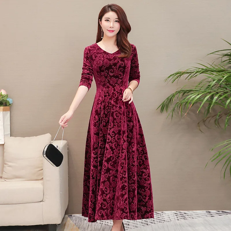 Осенне-зимнее женское платье с v-образным вырезом и длинным рукавом золотое