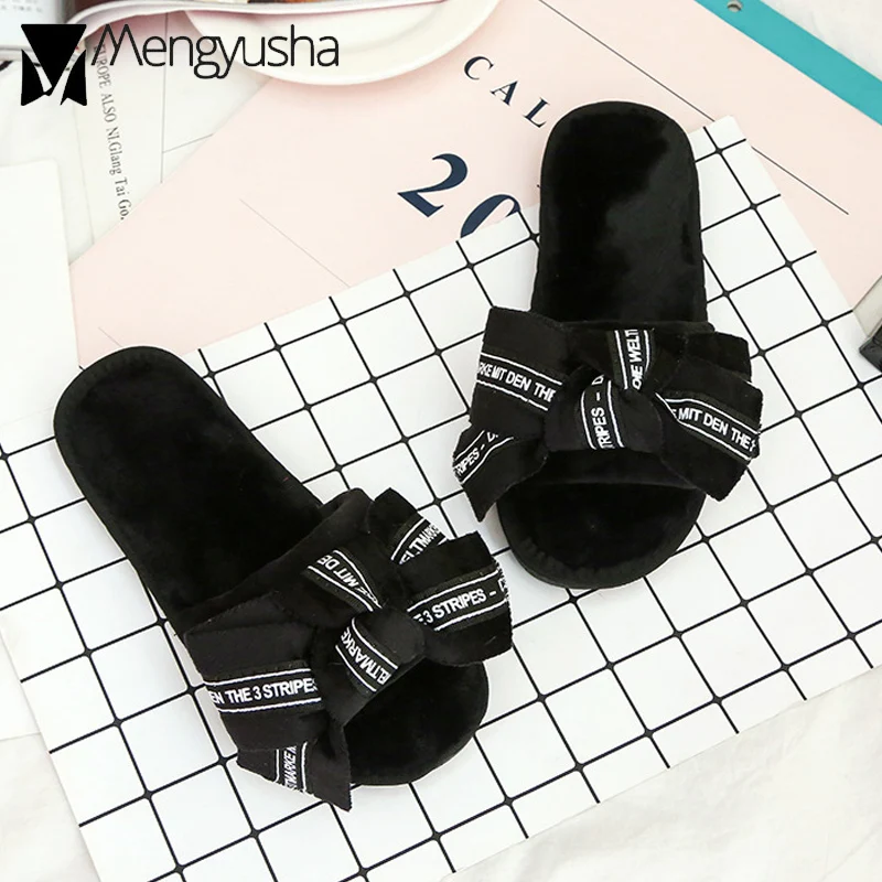 Плюшевые домашние тапочки в Корейском стиле с бантиком и буквенным принтом