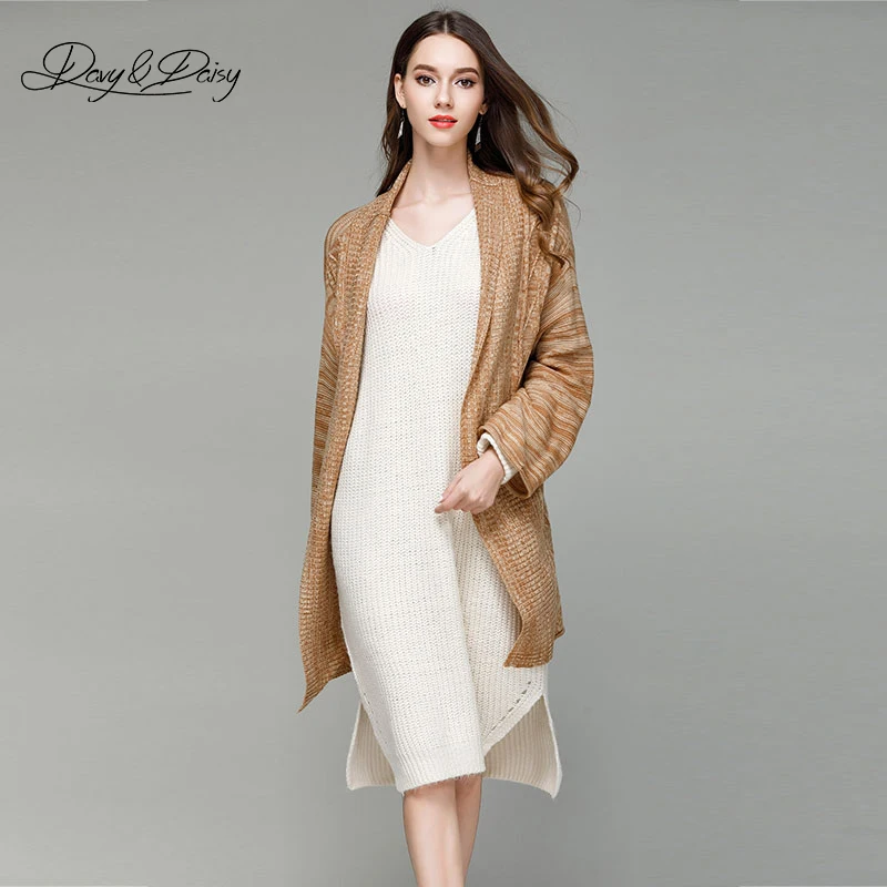 Davydaisy Для женщин Кардиганы для Мода Turn Пух воротник вязаный Повседневное