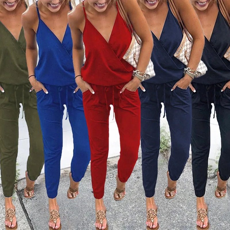 Solid Fashion Summer Women Jumpsuit Romper Sexy V Neck Backless Lace-up Beach Bodycon strap femme Jumpsuit Overalls long pants