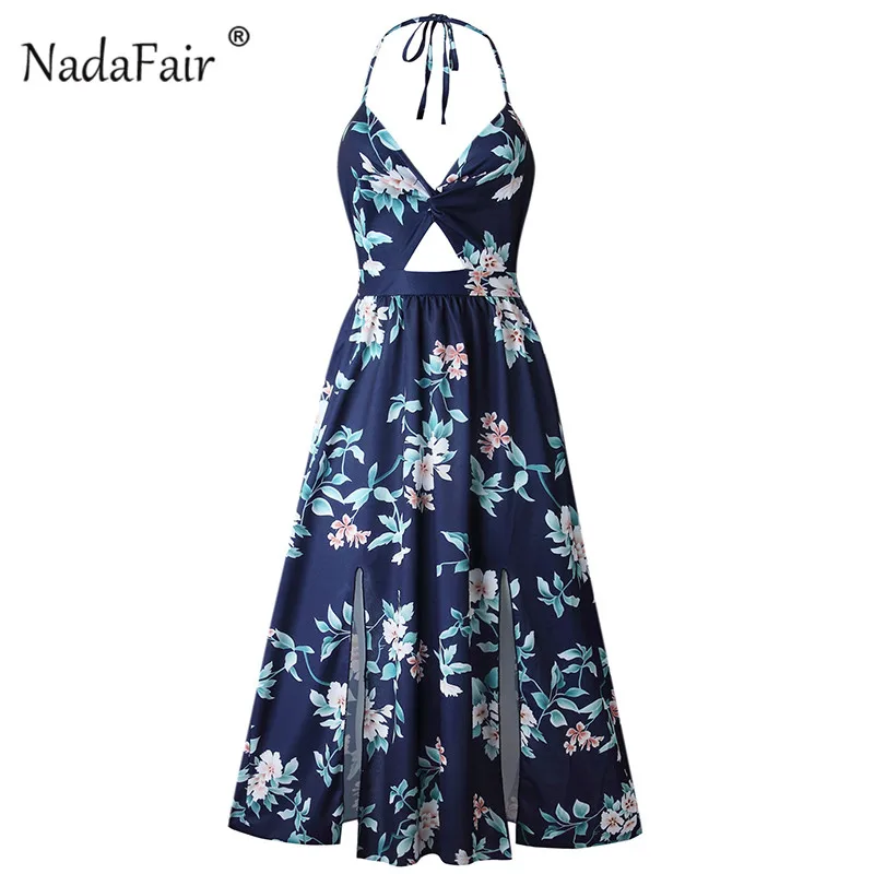 Nadafair, винтажное длинное платье с цветочным принтом, женское, с открытой спиной, Бандажное, сексуальное, летнее, Пляжное платье, с разрезом, макси, Холтер, бохо, платье, синее - Цвет: Тёмно-синий