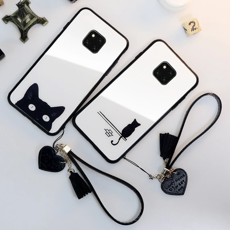 

BONVAN Tempered Glass Case For Huawei Mate 20 Pro Mate20 Cute Cat Cover For Huawei Mate 20 lite Heart Tassel lanyard phone Cases