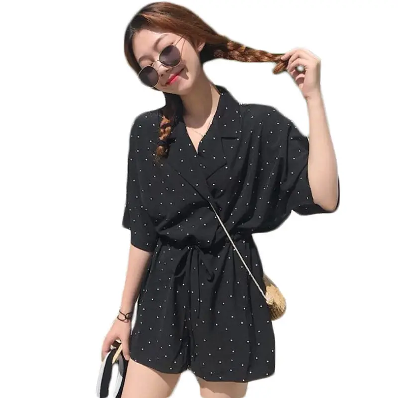 Женский комбинезон в горошек повседневный стиле ретро с V образным вырезом и