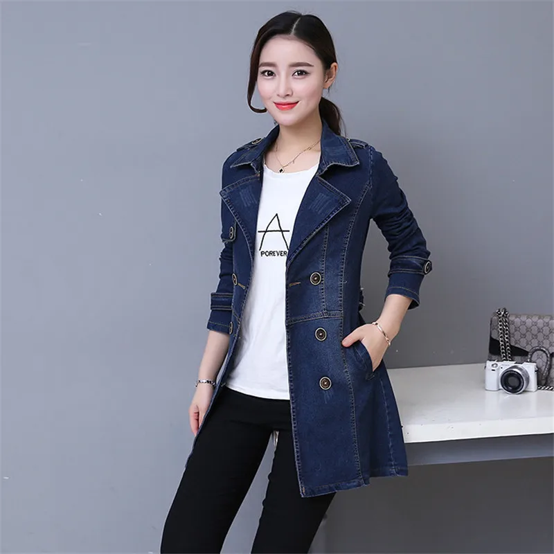 2019 Autumn Denim Jacket Coat Women Double-breasted Full Sleeves Vintage Windbreaker Female Long Jean Outerwear Tops R640 | Женская